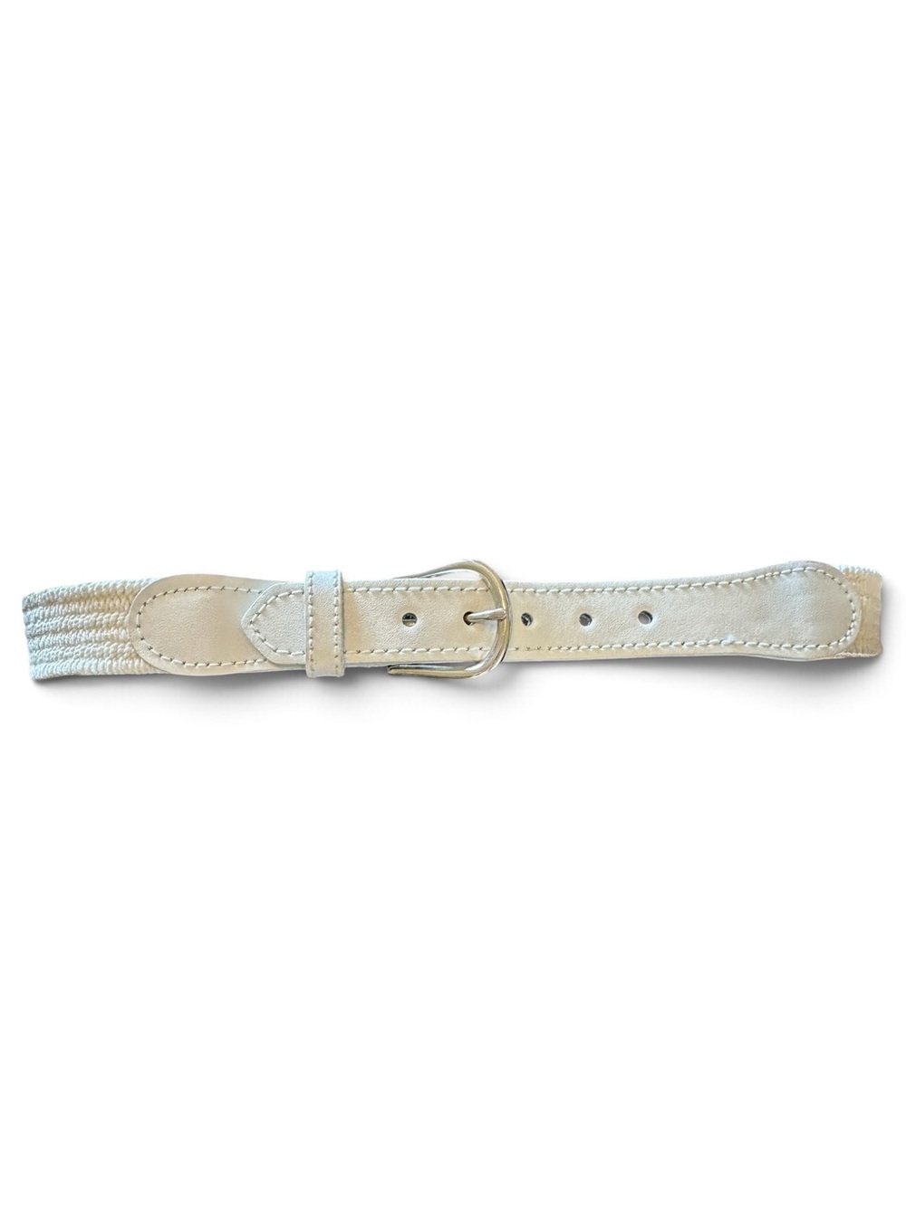 Vintage Cream Woven Stretch Belt Genuine Leather Gold Buckle M/L 34” USA
